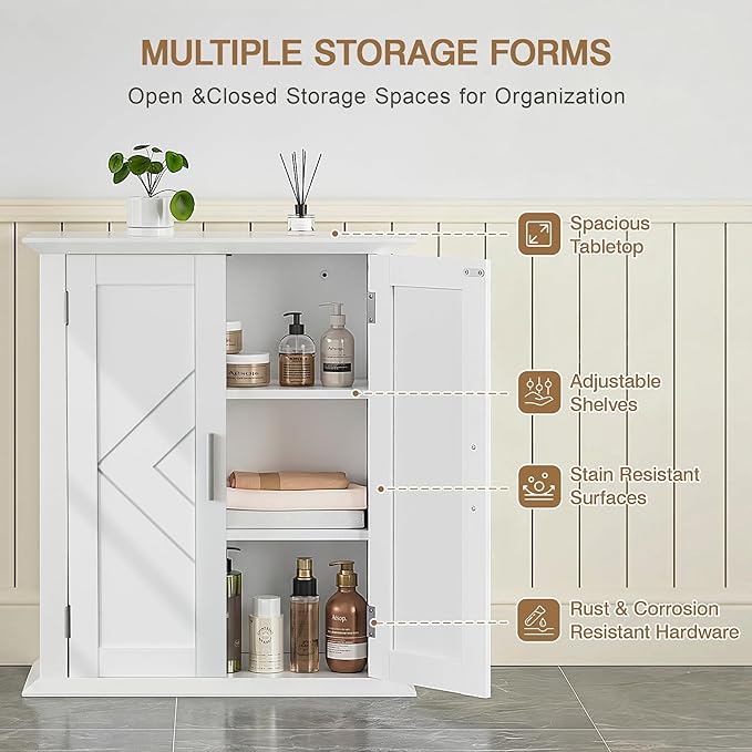 VECELO Freestanding Bathroom Storage Cabinet, Small Floor Cabinet with Doors and Adjustable Shelves, for Kitchen, Living Room, Laundry Room, Entryway, 21.1 x 8.78 x 24.02 Inches, White