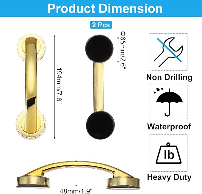 uxcell 2pcs Grab Bars for Bathtubs and Showers, 7.6" Mirror Glass Door and Window Handles Powerful Shower Suction Cup Anti-Slip Safety Bars for Senior Shower Chairs Gold