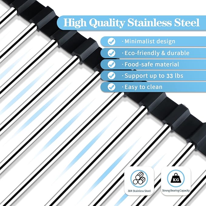 Seropy Roll Up Dish Drying Rack Over the Sink Drying Rack for Kitchen, Folding Dish Rack Over Sink Mat, Stainless Steel Dish Drainer Rack Kitchen Organizer Accessories Black 17"x11.8"