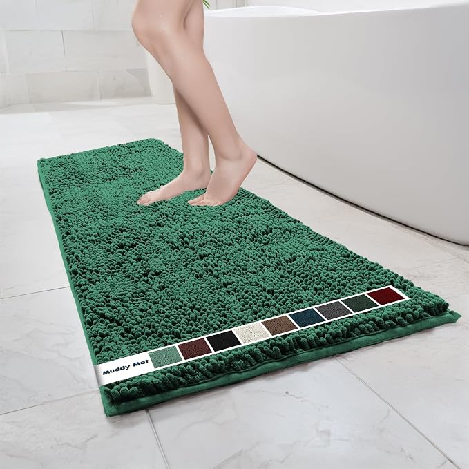 Muddy Mat® | Chenille Bathroom Rugs Quick Dry Microfiber Mats Non Slip Washable, Extra Thick, Soft and Highly Absorbent Bath Mats for Bathroom, Kitchen, and Shower Floor - Dark Green 24"x59"