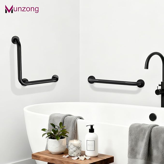 16 Inch L-Shaped Black Bathroom Grab Bars with 20 Inch Straight Munzong Toilet Handicap Grab Rail,Anti Slip Stainless Steel Knurled Safety Handle Support Elderly Injury Senior