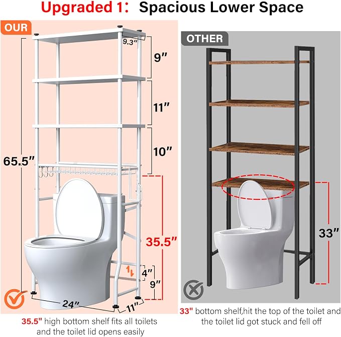 Over the Toilet Storage shelf, 4-Tier Bathroom Organizer Rack, Easy To Install with Adjustable Feet Pad and Basket Freestanding Bathroom Shelves Above Toilet, Space Saver Toilet Storage Cabinet(White)