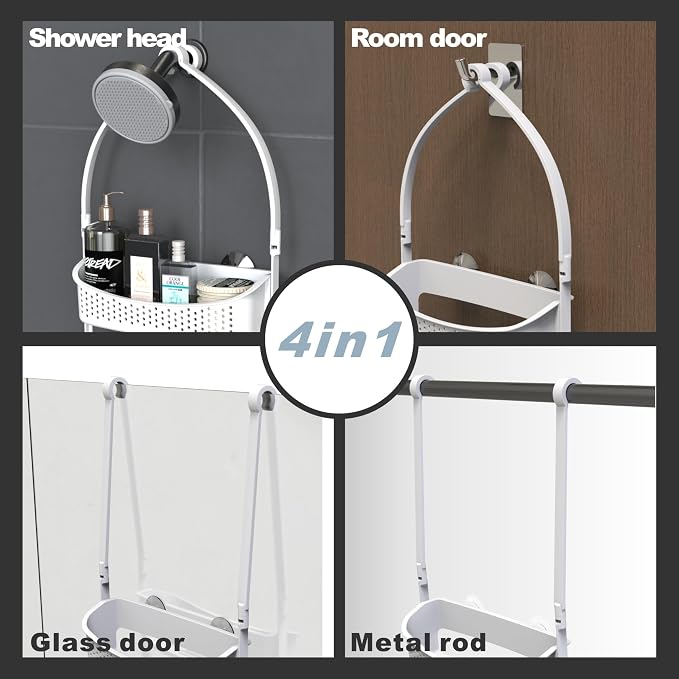 Shower Caddy Hanging; Anti-Swing shower basket over Showerhead with Suction Cups; Never rust Bathroom Organizer, Multiple Hanging Modes Shelf with hooks,White