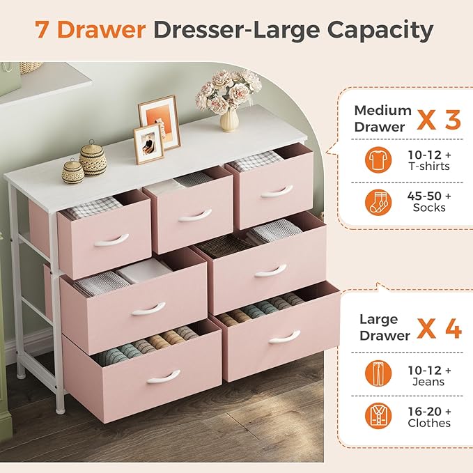 Sweetcrispy 7 Drawer Dresser with Fabric Bins, Fabric Storage Tower Organizer for Bedroom, Closet, Hallway, Entryway, Tall Chest of Drawers with Steel Frame, Wood Top, Large Storage, Pink
