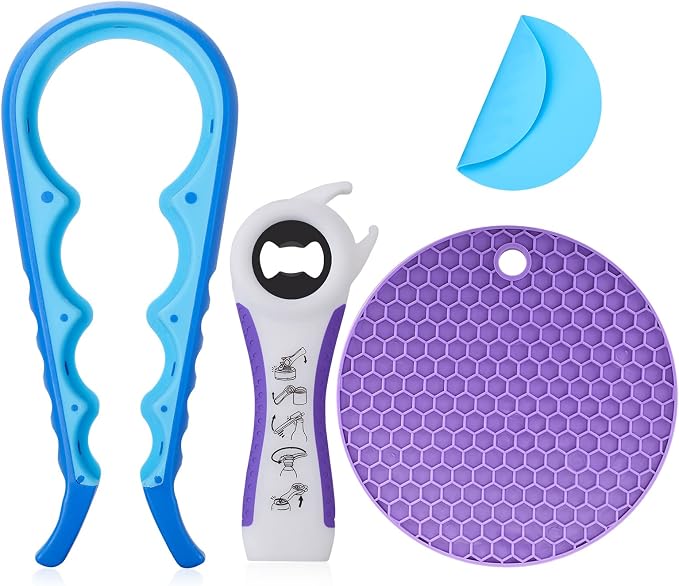 Jar Bottle Opener for Weak Hands,4 &5 in 1 Multi Function Non-Slip Can Lid Opener Tools with Silicone Jar Gripper Pad,Suitable for Seniors,Children and Arthritic Hands (Dark Blue)