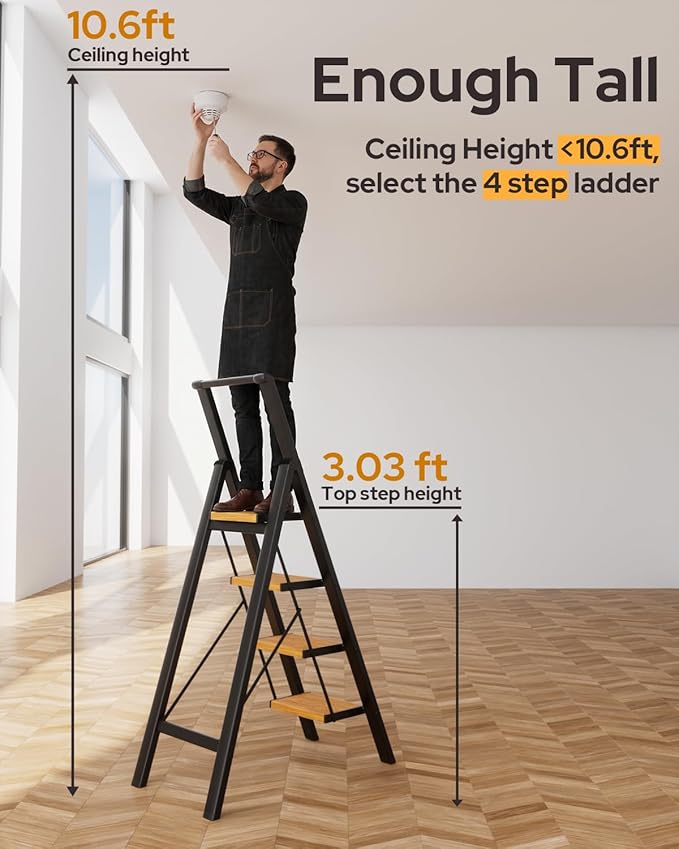 4 Step Ladder, Lightweight Aluminum Folding Step Stool with Convenient Handgrip, Stepladders with Anti-Slip and Wide Pedal for Home Use Space Saving - Black+Woodgrain