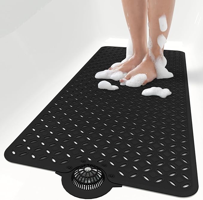 OTHWAY Bath Mat for Tub Non Slip: 39" X 17" Long Bathtub Mat with Hair Catcher│Big Drain Holes Shower Mats for Inside Shower│Machine Washable (Black)