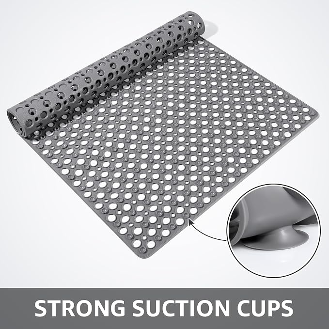 Yolife Large Shower Mat, 47 x 32 inch Non Slip Shower Mats for Inside Shower with Drain Hole, No Odor Soft TPE Shower Floor Mat, Extra Large Non Slip Shower Mat with Suction Cups, Grey