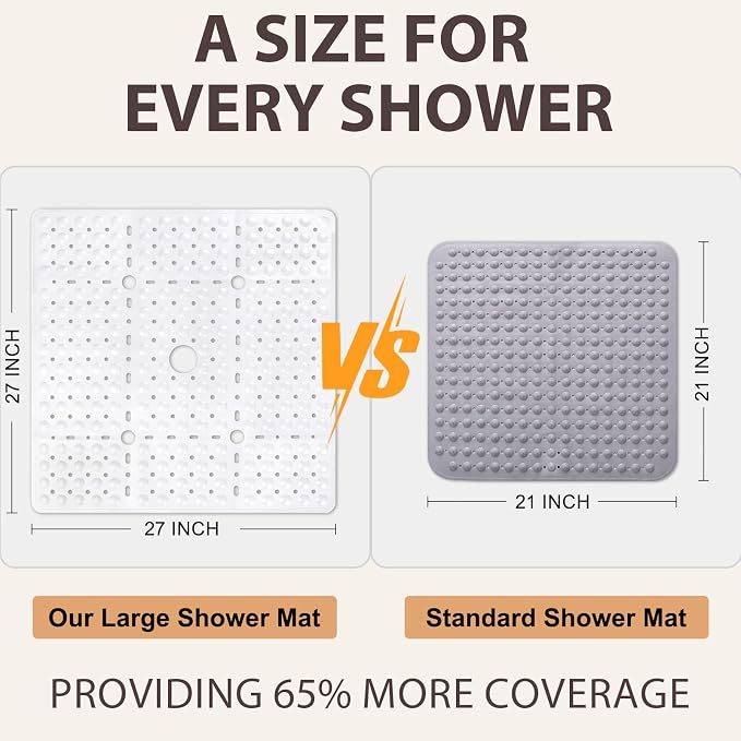 ZOESOE Square Shower Mat Non Slip: 27 x 27 Inches Large Shower Mats for Inside Shower, Soft TPE Shower Floor Mat with Suction Cups and Drain Holes, Machine Washable