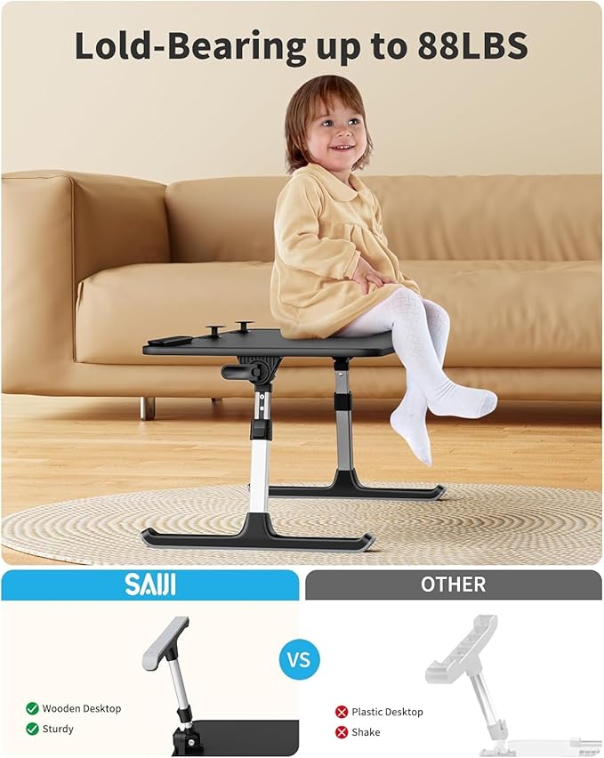 SAIJI Height & Angle Adjustable Laptop Stand for Bed, Lap Desk Bed Tray Table, Light Weight Foldable Portable Laptop Table for Couch Sofa Chair Floor Desk for Adults, Kids (52*30cm Black)