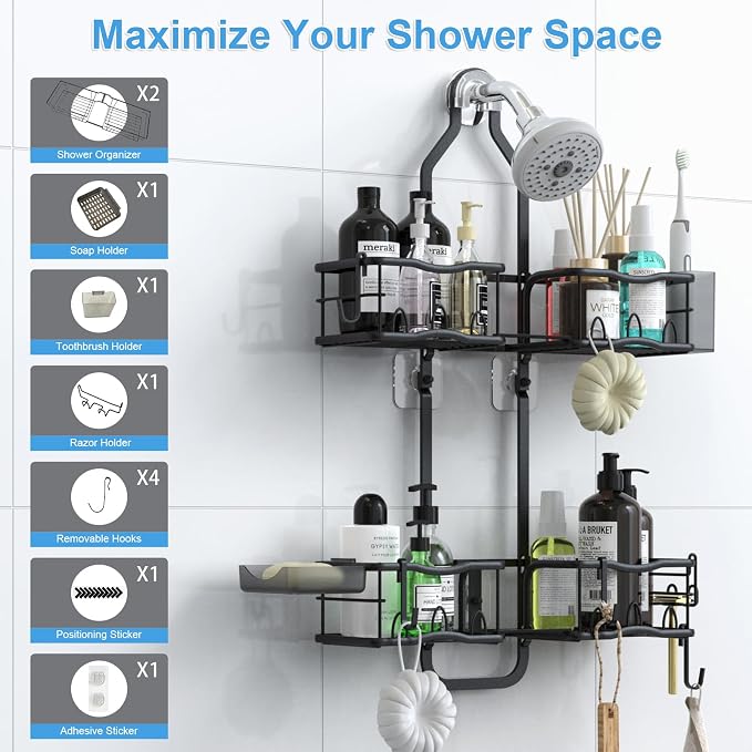 Shower Caddy Hanging Organizer, Rustproof Shower Organizer Hanging for Handheld Showerhead with Hooks for Razor/Sponge, Bathroom Caddy Rack Shower Shelves for Shampoo Soap Towels, Black
