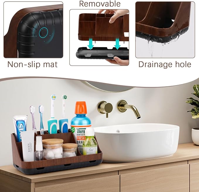 GFWARE Wood Toothbrush Holders for Bathrooms Countertop Organizer - Detachable 7 Slots Kid Bathroom Decor and Accessories, Wooden Bathroom Sink Storage Organization, Caddy, Tray, Brown