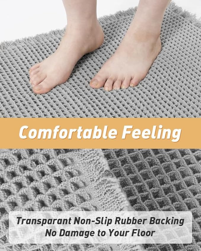 AMOAMI Upgraded Waffle Bath Mat, Super Absorbent Non Slip Bath Mats for Bathroom Floor, Washable Bathroom Rugs with Tassels, Rubber Backed Bathroom Mats, Ultra Soft, 20" x 32", Light Grey