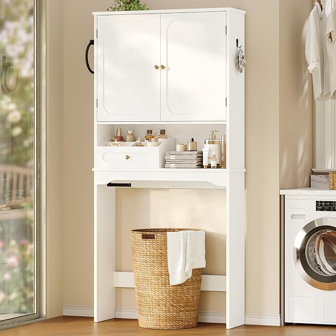 Over The Toilet Storage Cabinet with Adjustable Shelves & 2 Doors, Bathroom Storage Cabinet with One 4-Section Drawer, Towel Holder & Toilet Paper Holder for Bathroom, Laundry Room
