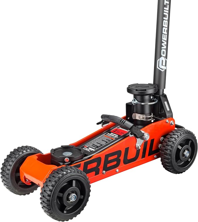 Powerbuilt 1.5 Ton Big Wheel Off Road Jack, Vehicle Lift for Trucks, SUVs, ATVs Offroad Vehicles, Oversized Wheels for Rugged Terrain, 3000 LB Capacity, Orange 620704ECE