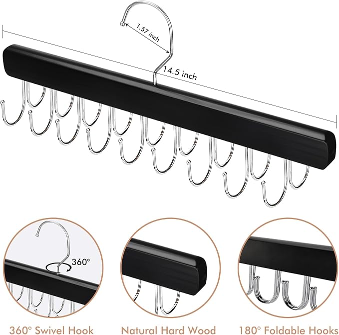 NECAMOCU 2 Pack Bra Hanger for Closet Organizer, Premium Wooden Tank Top Hangers with 36 Foldable Hooks, 360° Rotating Design, Space Saving Storage for Tank Tops, Bras, Scarves and More, Black
