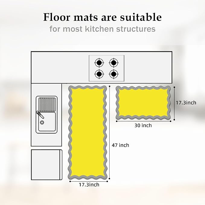 Arenarug Scalloped Yellow Gray Kitchen Mats Rugs Sets of 2 Cushioned Anti Fatigue Floor Mat Waterproof Kitchen Rugs Non Slip Foam Comfort Standing Mat for Sink Laundry