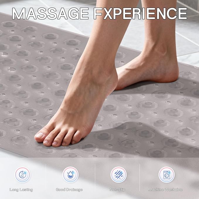 Anti-Slip Bathtub Shower mat, 40×16 inch（ 100 × 40cm） Soft Oversized Machine Washable Non-Slip Bathtub mat with Drainage Holes, Bathroom Floor Suction Cup.（1-Clear Gray）