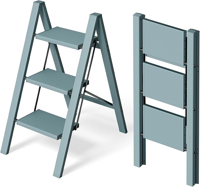 HillhutApex 3 Step Stool, Aluminum Foldable Step Ladder, Lightweight Stable Stool with Wide Non-Slip Pedals, 330lbs Bearing Capacity Ladder for Office,Home,Kitchen - Light Blue