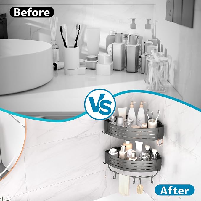 Onemake Corner Shower Caddy Suction Cup, Aluminum Wall Mounted Organizer Shelves Storage Rack with Towel Bar for Small Bathroom Grey