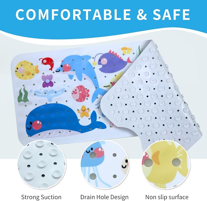 Baby Bath Mat for Tub Non Slip Kids Bathtub Mat Extra Long 40X16 Inch Toddler Bath Tub Shower Mat Anti Slip with Suction Cups & Drain Holes, Machine Washable (Sea Fish)