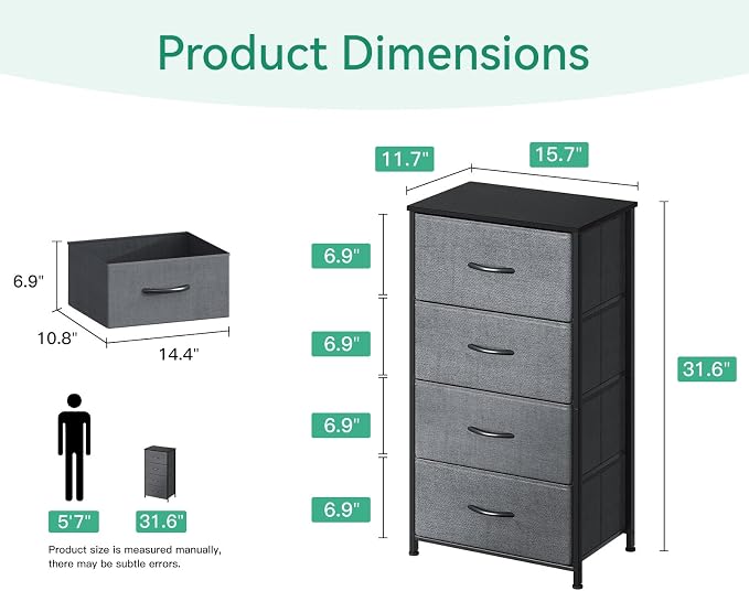 AODK Dresser for Bedroom with 4 Storage Drawers, Small Dressers Chest of Drawers Fabric Dressers with Sturdy Steel Frame, Dresser for Closet with Wood Top, Dark Grey