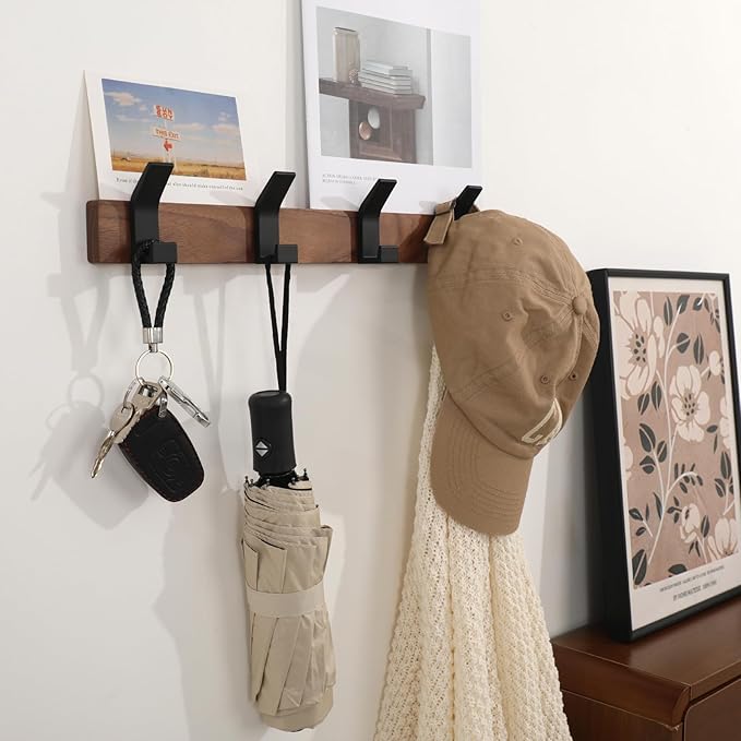 Coat Rack Wall Mount - 15.7 Inches Walnut Wood Coat Hooks Coat Rack Wall Mount with 4 Hooks Black Aluminum Coat Hooks for Hanging Coat Hat Bag Hat Rustproof Coat Hanger