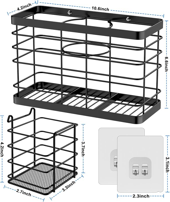 Hair Tool Organizer - Black Steel Wall Mounted Hair Dryer Holder with Removable Basket, 10.62"L x 4.33"W x 6.69"H, Ideal for Small Bathrooms