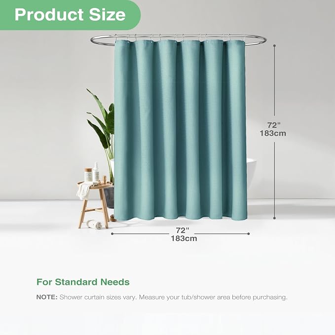 Dynamene Teal Fabric Shower Curtain for Bathroom - Waffle Weave Heavy Duty Cloth , 256GSM Hotel Luxury Weighted Polyester Bath Curtain Set with 12 Plastic Hooks,72x72, Teal/Turquoise