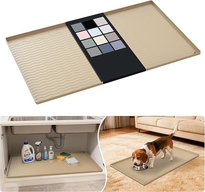 URMONA Waterproof Silicone Under Sink Mat 37'' x 22'' Shelf Liner for Kitchen and Bathroom, Cabinet and Counter Protector, Storage and Organizers, Litter Mat, Pet Cat Puppy Essentials(Khaki)