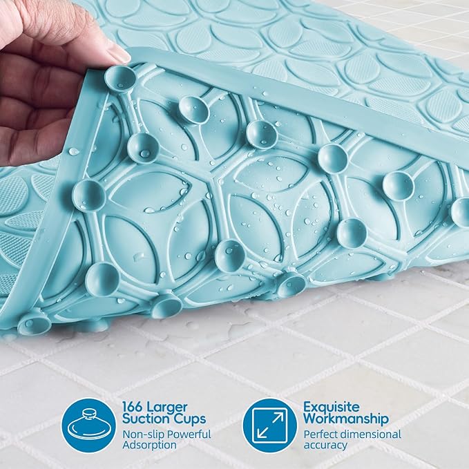 Bathtub Mat Non Slip with Suction Cups - 100% Rubber Bathroom Mat Textured for Bath Tub Shower Safety - Soft on Touch - BPA/PVC Free - Pet Dog Bath Mat - Machine Washable - 17 × 35 Inch（Blue）