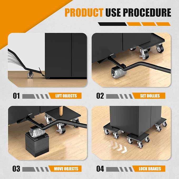 LOYAL TIGER 1500LBS Heavy Duty Furniture Dolly Movers Set with Lifter, 5-Wheel Carbon Steel Moving Rollers with Locking Casters for Refrigerator, Washer, Sofa & Cabinet(5.4 Inch, Black)
