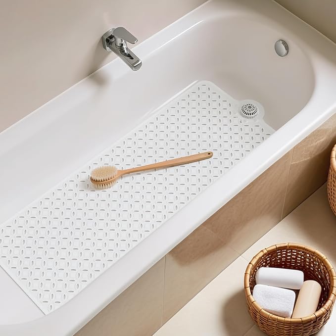 OTHWAY Bath Mat for Tub Non Slip: 39" X 17" Long Bathtub Mat with Hair Catcher│Big Drain Holes Shower Mats for Inside Shower│Machine Washable (White)