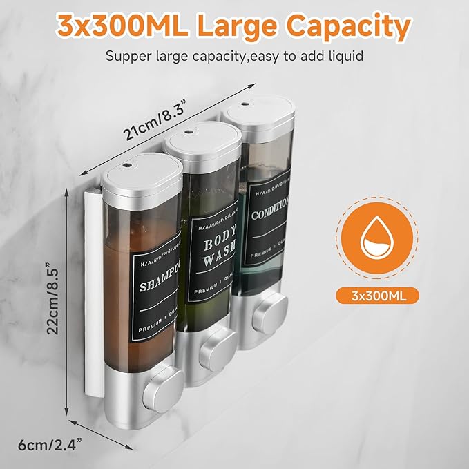 Shampoo and Conditioner Dispenser,Shower Dispenser 3 Chamber No Drill Wall-Mounted Shampoo Dispenser for Shower Wall Mounted Shower Soap Dispenser for Bathroom Hotel Large Capacity,Light Silver