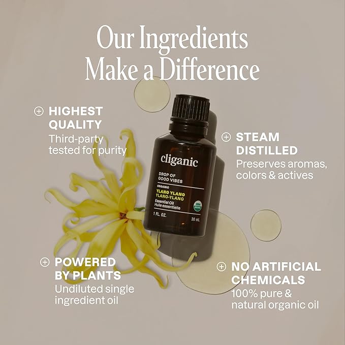 Cliganic Organic Ylang Ylang Essential Oil, 100% Pure Natural for Aromatherapy | Non-GMO Verified