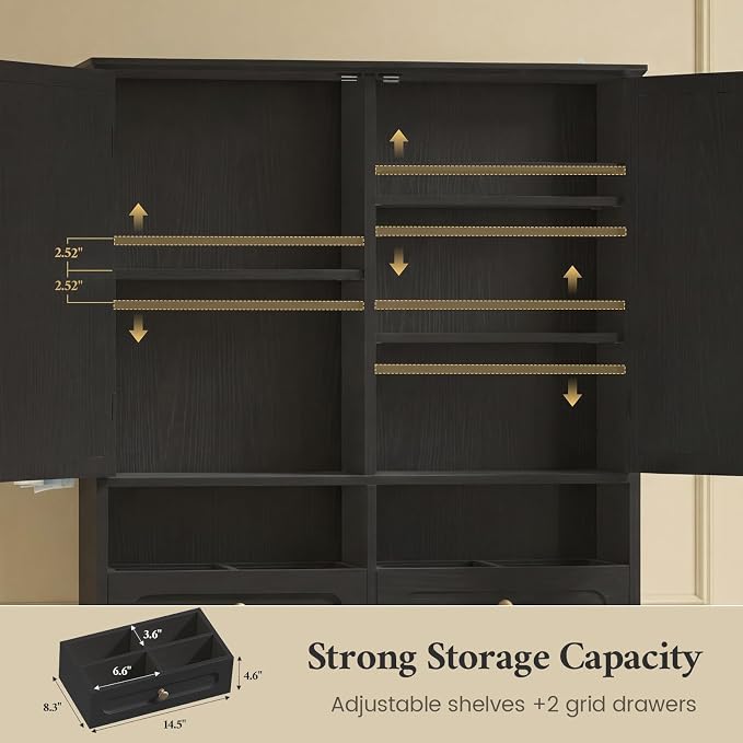 Over the Toilet Storage Cabinet with Mobile Bathroom Storage Cabinet & 3 Adjustable Shelves, Bathroom Storage Cabinet Over Toilet with 4 Section Drawers for Bathroom, Laundry Room, Black