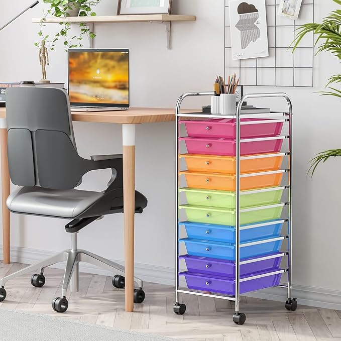 10-Drawer Rolling Storage Cart, Trolley w/Lockable 360° Wheels, 10 Removable PP Drawers, Sturdy Metal Frame, Rolling Utility Cart Perfect for Home, Office, Classroom (Rainbow)