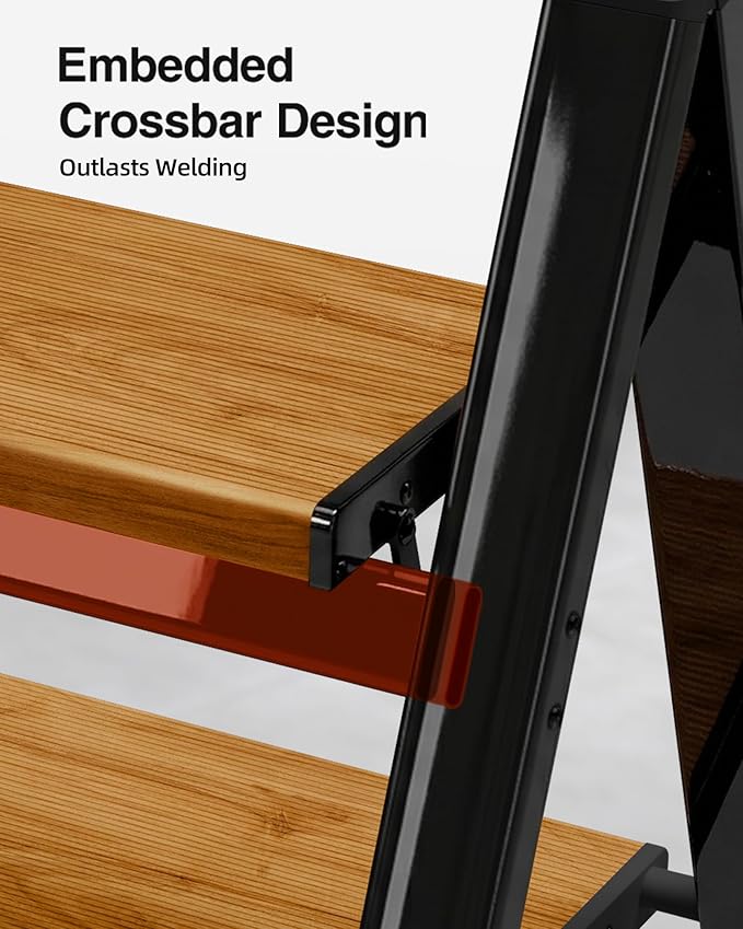 3 Step Ladder,Folding Step Stool with Aluminum Wide Pedal& Convenient Handgrip,330lbs Capacity Steel Ladder for Household and Office(Black &Woodgrain)