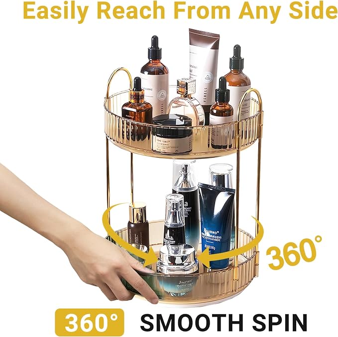 Asayuee 360 Rotating Gold Makeup Organizer,2 Tier Large Capacity Rotating Makeup Organizer,SkincarePerfume Organizer,Bathroom Cosmetics Storage Organizer Countertop (Gold-2 Tier)
