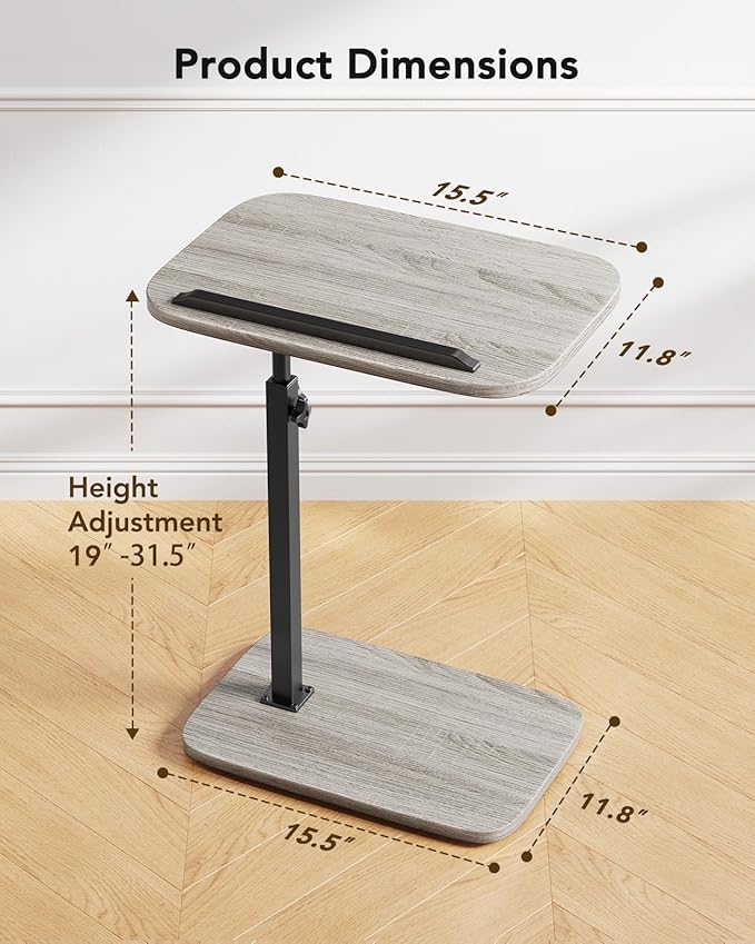 HUANUO TV Tray Table，Adjustable Height TV Tray with 360° Swivel & 90° Tilt, Sturdy Side Table with Anti-Slip Bar for Laptop, Eating, Space-Saving Side Table for Couch, Bedside, Living Room