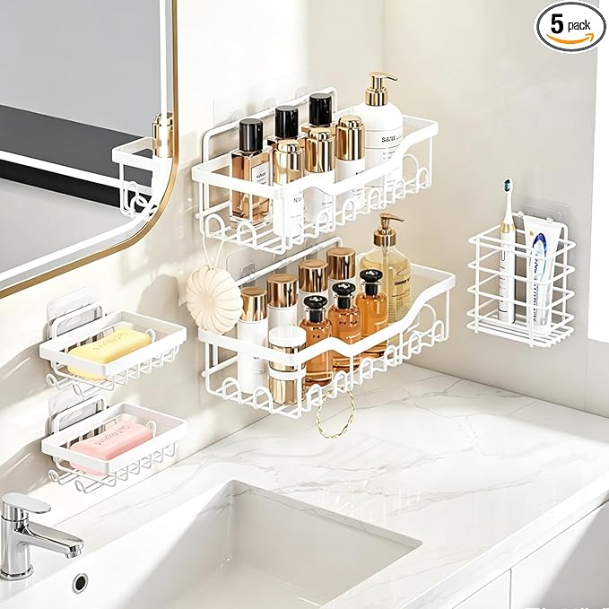 Fammart Adhesive Shower Caddy, 5-Pack Rustproof Stainless Steel Bathroom Organizer with 28 Hooks, No-Drill Large Capacity Shower Shelves for Bathroom Storage & Home Décor, White