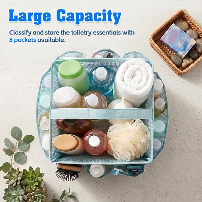 Mesh Shower Caddy Portable for College Dorm Room Essentials, Large Capacity Shower Caddy Dorm Bag with 9-Pockets, Quick-Dry Toiletry Organizer for Gym Beach Camping Travel Bathroom, Blue