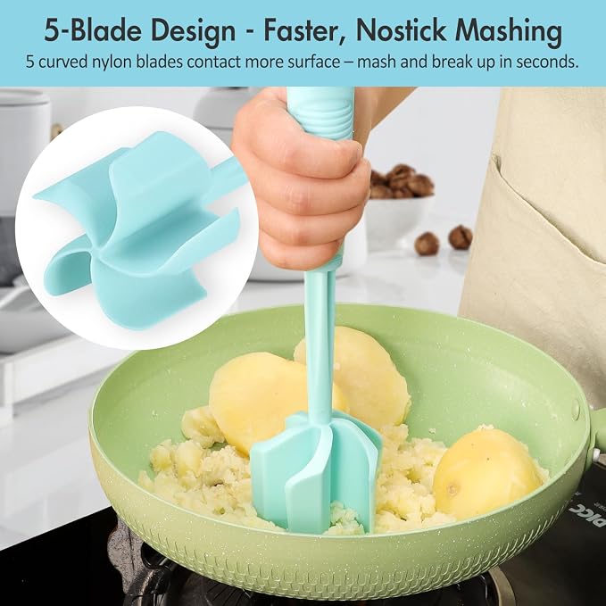 Ourokhome Meat Chopper and Potato Masher, Heat Resistant Nylon Ground Beef Smasher for Hamburger, 5 Curved Blades Nonstick Safe Mixer & Stirrer, Practical Kitchen Gadgets, Mint