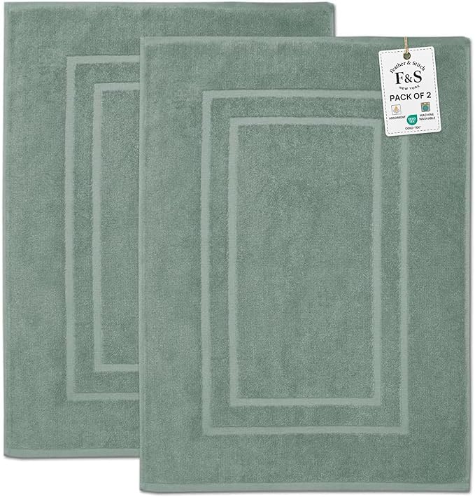 Feather & Stitch 2 Piece Towel Like Bath Mats (30x21 Inch) 100% Cotton Terry Bath Mat, Bathroom Shower Floor Mat [NOT A Bathroom Rug], Soft Absorbent Washable Mats - Granite Green