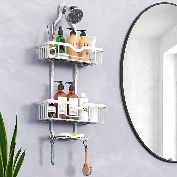 Shower Caddy Hanging, Bathroom Shower Rack, Bathroom Organizer with Soap Dish, Over The Showerhead Caddy with Hooks for Razor/Sponge, Soft White (Assembly Required)