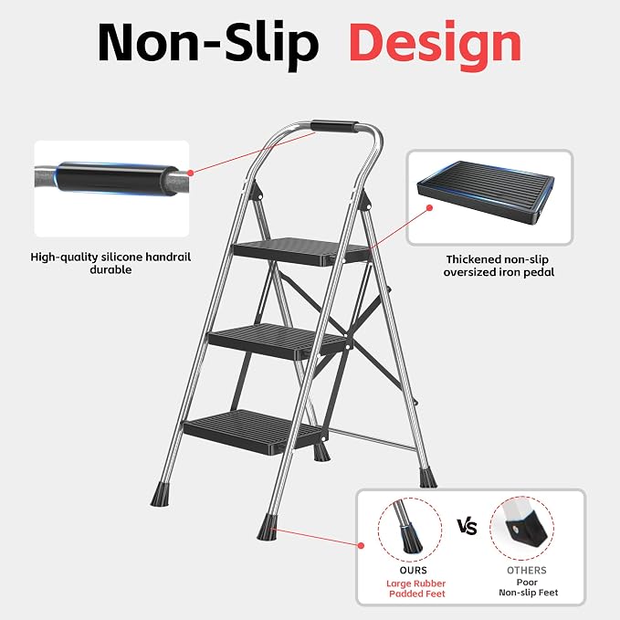 DIAMONDFORGE 3 Step Ladder Foldable Folding Stool - for Home Adults Kitchen, Iron, Black, Extension Tall Heavy Duty with Handrails - Closet Stepstool Extendable Stepladder for Indoor House 600 lbs