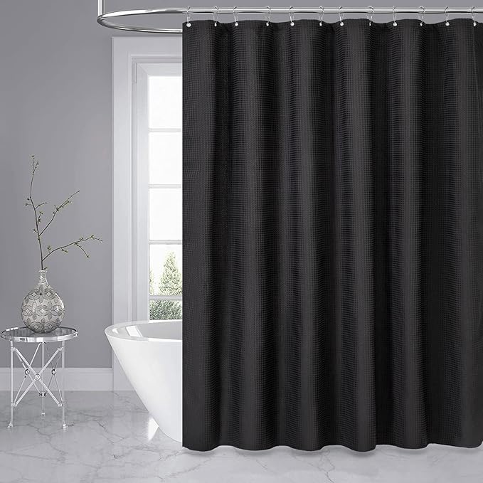 Dynamene Long Black Fabric Shower Curtain - Waffle Textured Tall Heavy Duty Cloth Shower Curtains for Bathroom, 256GSM Large Hotel Spa Luxury Bath Curtain Set with 12 Plastic Hooks(72Wx78H, Black)