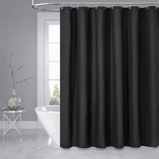 Dynamene Extra Long Shower Curtain,96 Inch Long Waffle Weave Heavy Duty Thick Cloth Bathroom Shower Curtain, Neutral Weighted Hotel Bath Curtain Set with 12 Plastic Hooks,72x96,Black