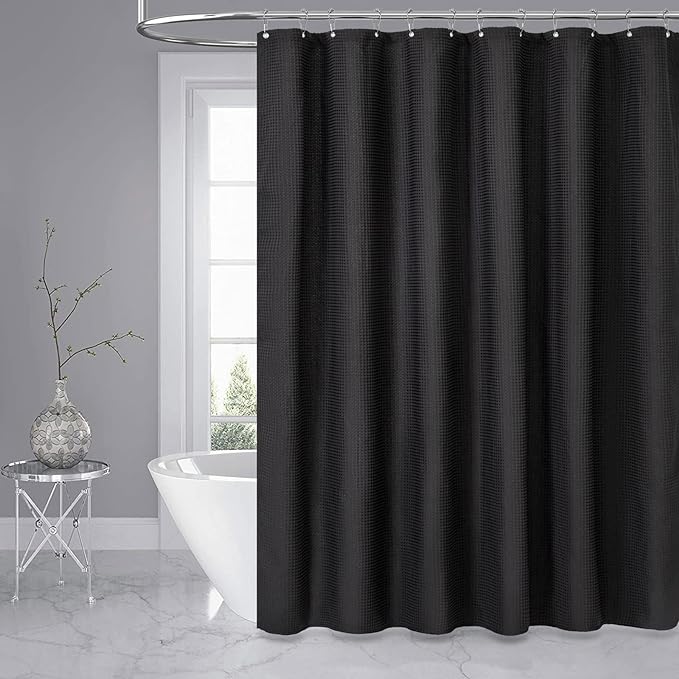 Dynamene Extra Wide Shower Curtain-108 Inch Wide Waffle Weave Weighted Thick Cloth Bathroom Shower Curtain, Neutral Heavy Duty Hotel Bath Curtain Set with 18 Plastic Hooks,108x72,Black