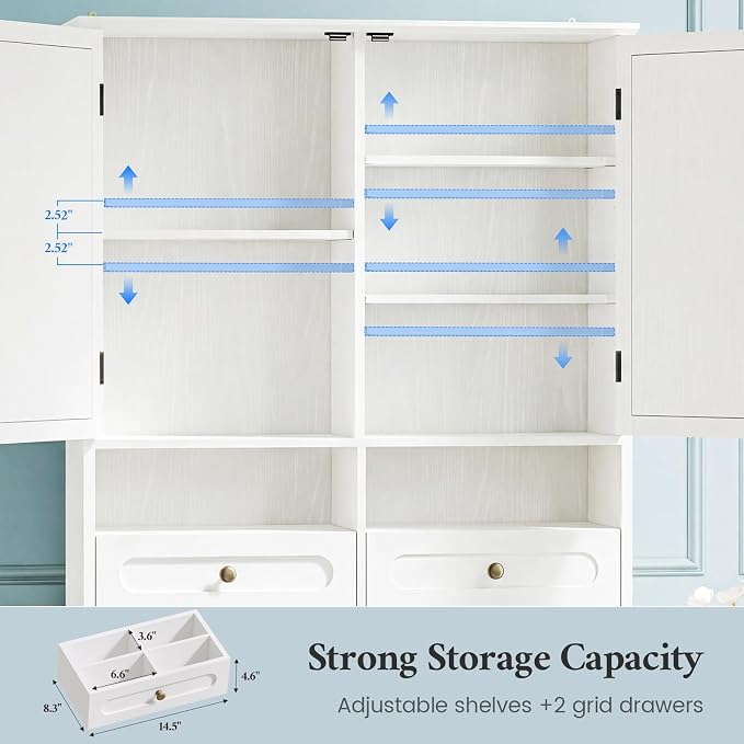 Over the Toilet Storage Cabinet with Mobile Bathroom Storage Cabinet & 3 Adjustable Shelves, Bathroom Storage Cabinet Over Toilet with 4 Section Drawers for Bathroom and Laundry Room, White